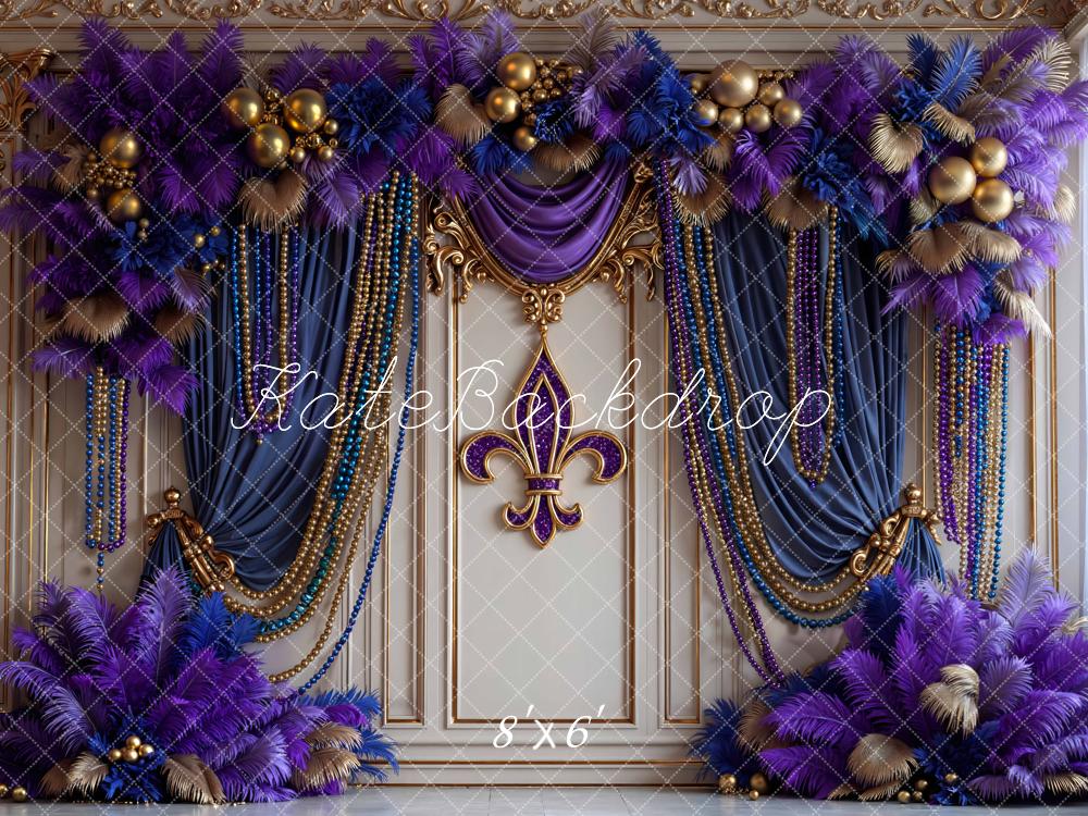 Kate Mardi Gras Fleur De Lis Purple Gold Beads Floral Curtain Backdrop Designed by Mini MakeBelieve