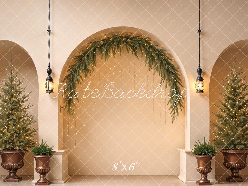 Lightning Deal Kate Christmas Arched Wall Minimalist Greenery Trees Lanterns Printed Backdrop Designed by Emetselch