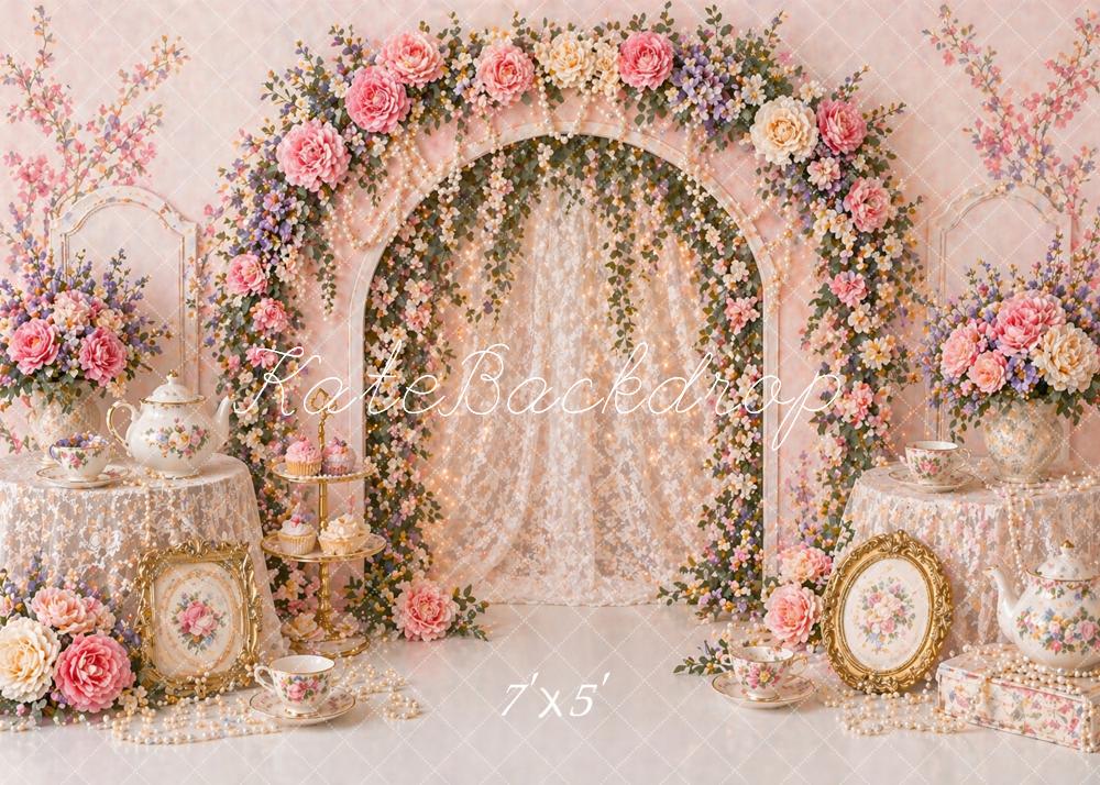 Kate Flower Arch Pink Floral Tea Set Printed Backdrop Designed by Caitlin Lynch