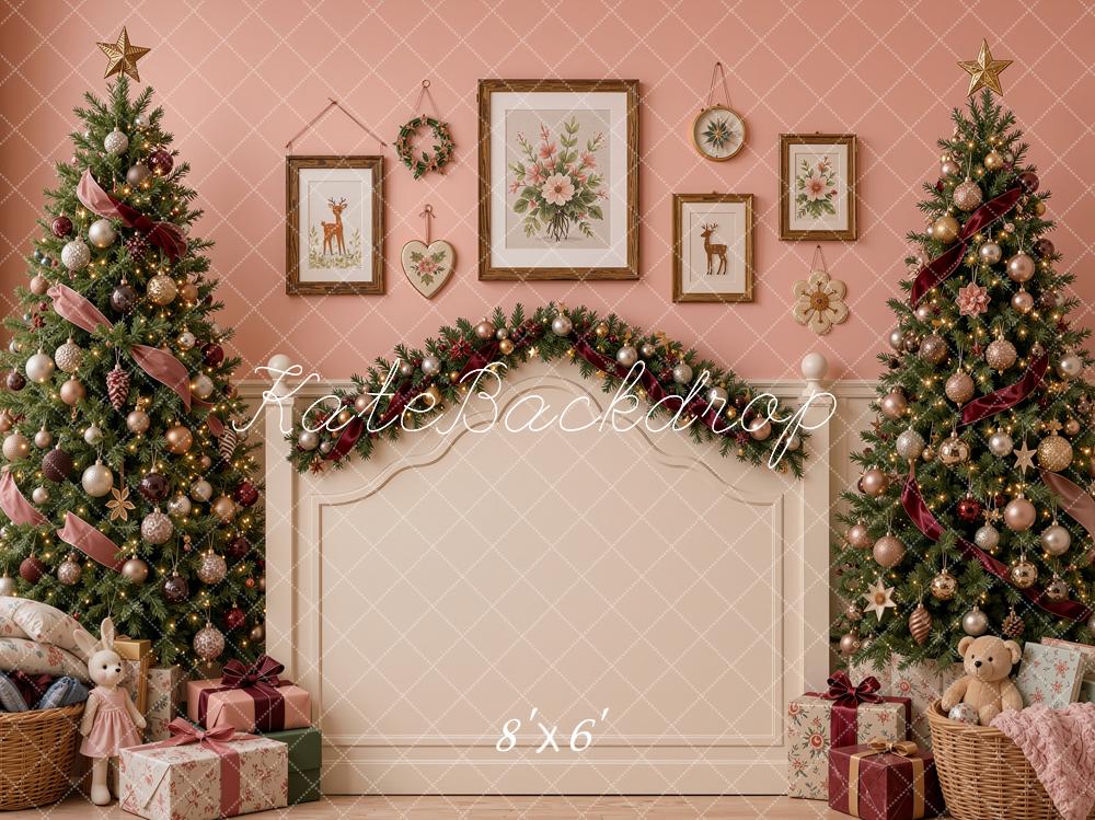 Kate Christmas Headboard Pink Trees Garland Printed Backdrop Designed by Shutter Swan Studios