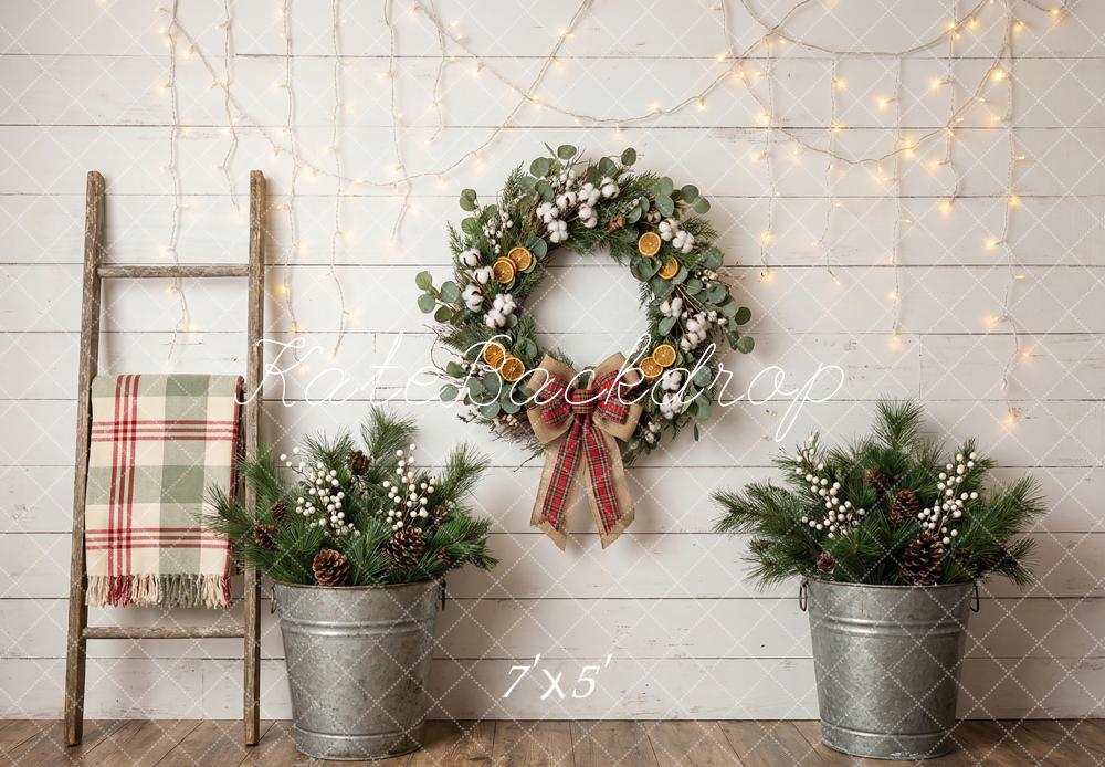Kate Christmas Wreath Garland Pinecones Rustic Ladder Printed Backdrop Designed by Happy Squirrel Design