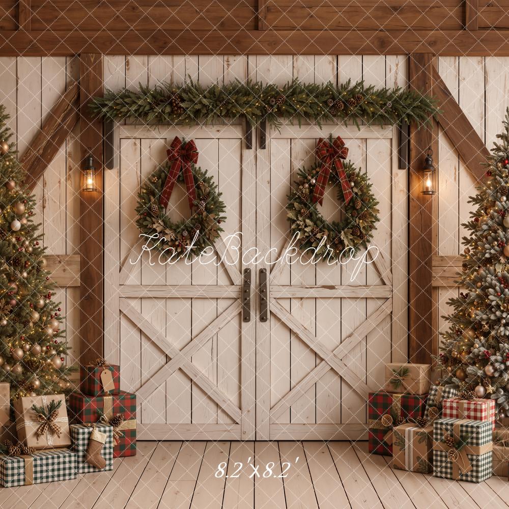 Kate Christmas Barn Doors Trees Wreaths Presents Printed Backdrop Designed by Emetselch