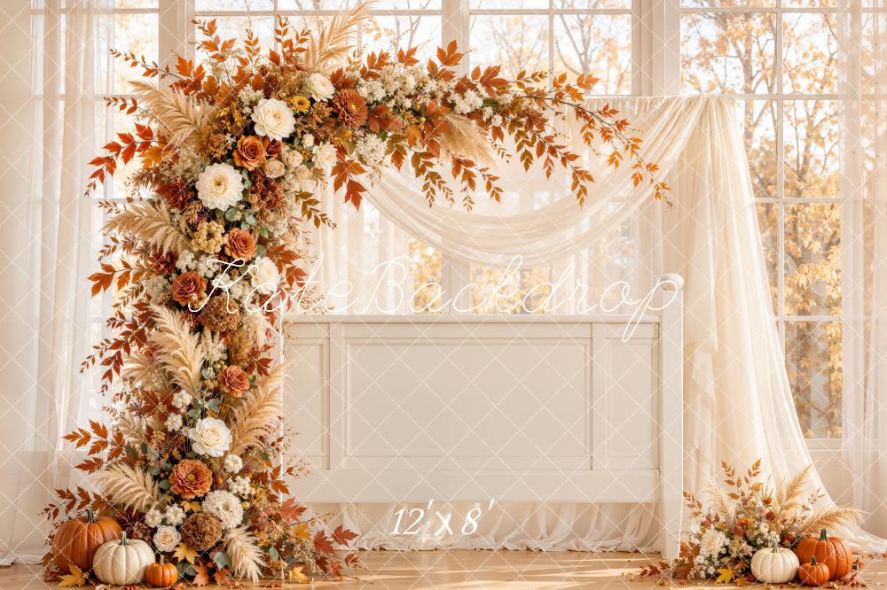 Kate Fall Wedding Flower Arch Pumpkins Printed Backdrop Designed by Emetselch