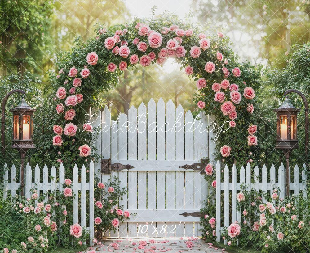 Kate Spring Valentines Flower Arch White Picket Fence Lantern Backdrop Designed by Emetselch