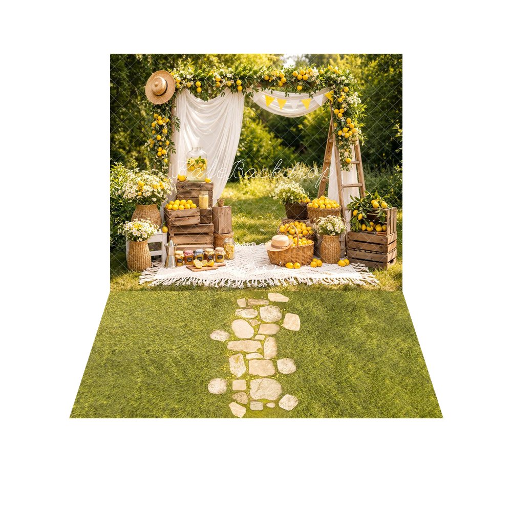 Kate Summer Lemon Flower Arch Picnic Baskets Crates Printed Backdrop+Stone Pathway in Green Meadow Printed Backdrop