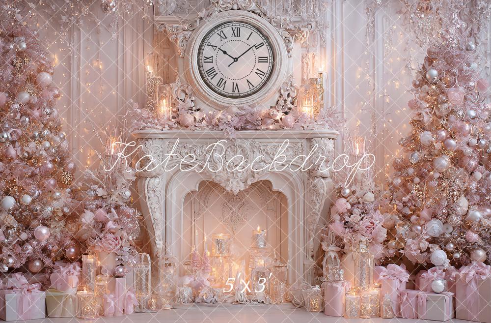Kate Christmas Fireplace Clock Tree Candles Pink Backdrop Designed by Ashley Paul