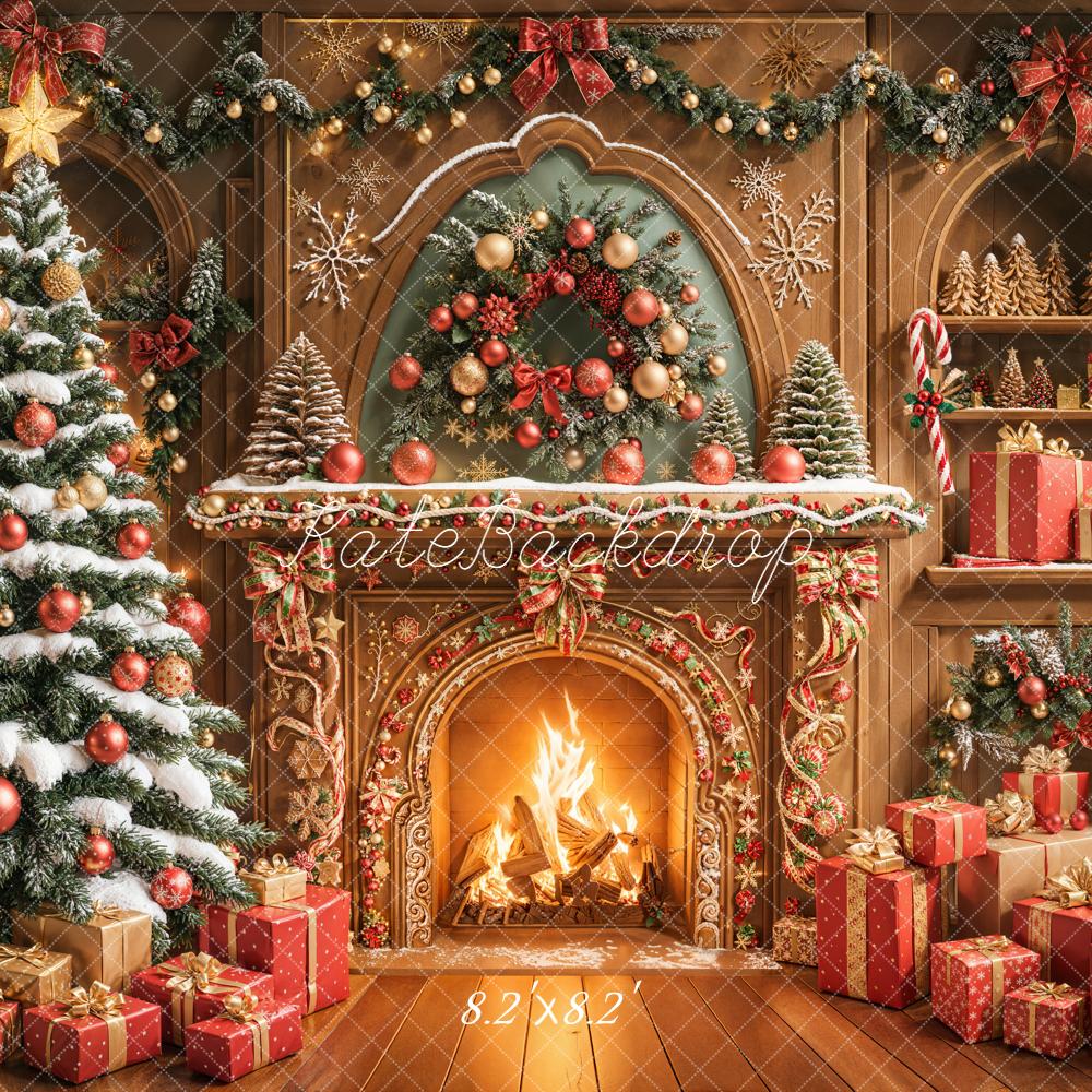Kate Christmas Fireplace Gingerbread Tree Garland Presents Backdrop Designed by Emetselch