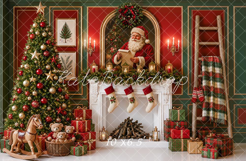 Kate Christmas Tree Santa Fireplace Rocking Horse Red Wall Printed Backdrop Designed by Emetselch