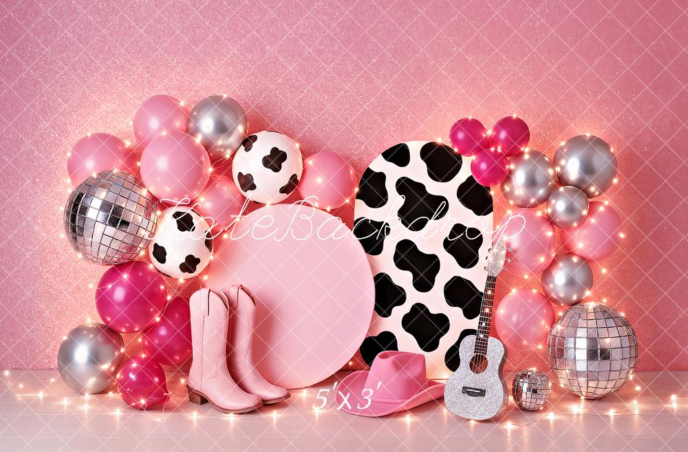 SALE Kate Birthday Cowgirl Pink Balloon Guitar Disco Backdrop Designed by Ashley Paul