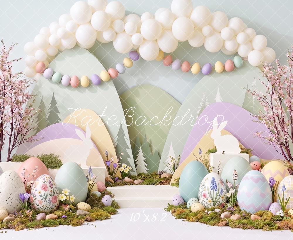 Kate Easter Cake Smash Pastel Egg Bunny Balloon Arch Printed Backdrop Designed by Angela Miller