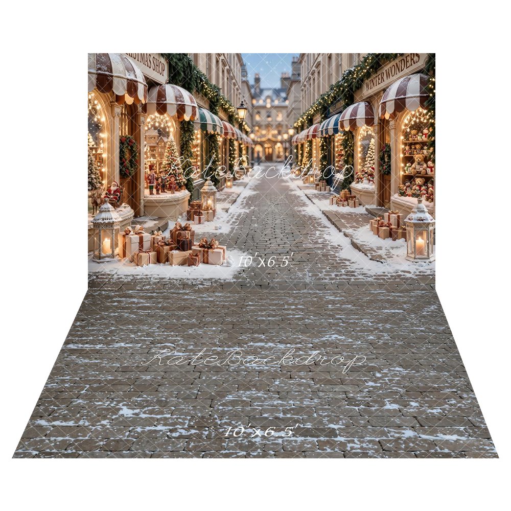 Kate Christmas Shop Snowy Street Printed Backdrop+Cobblestone Snow Floor Printed Backdrop