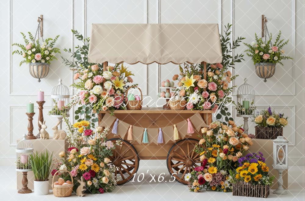 Kate Easter Bunny Flower Cart Pastel Eggs and Florals Backdrop Designed by Mini MakeBelieve