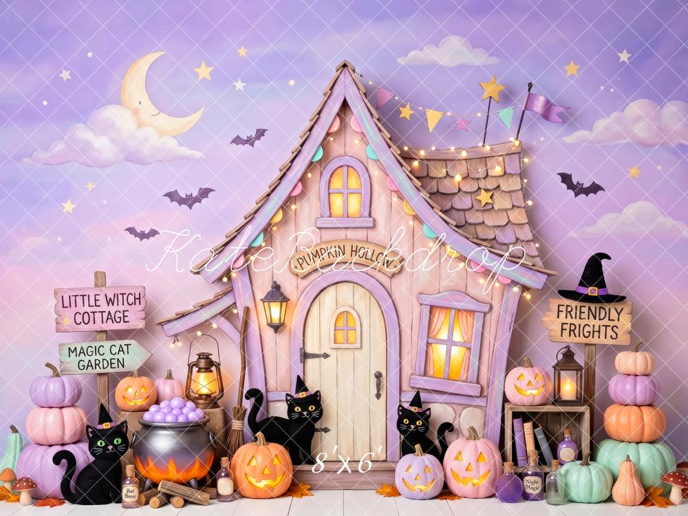 Kate Halloween Cake Smash Witch Cottage Pumpkins Black Cats Printed Backdrop Designed by Patty Roberts