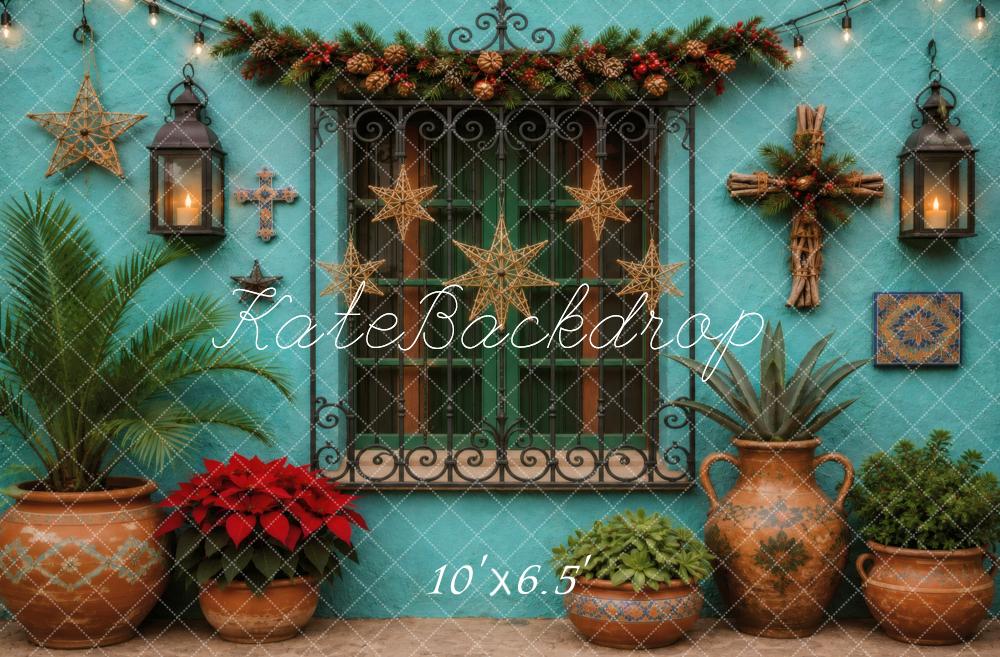 Kate Mexican Christmas Turquoise Window Lanterns Greenery Printed Backdrop Designed by Vertigo Productions