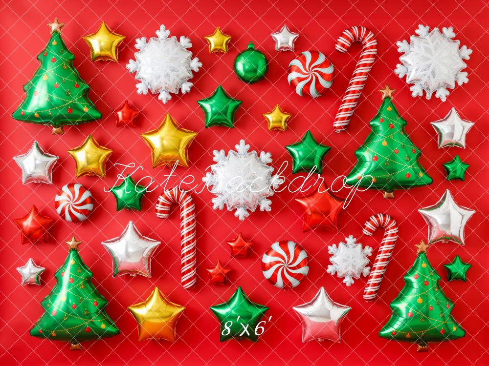 Kate Christmas Balloons Tree Candy Cane Star Snowflake Red Printed Backdrop Printed Backdrop Designed by Patty Roberts