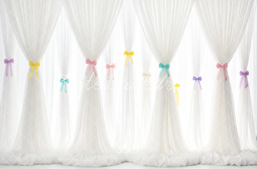 Kate White Sheer Curtains Pastel Bows Backdrop Designed by Patty Roberts