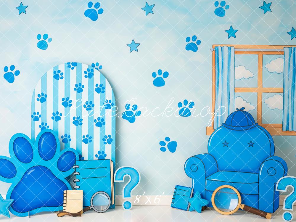 Kate Cake Smash Blue Paw Print Stars Chair Window Printed Backdrop Designed by Patty Roberts