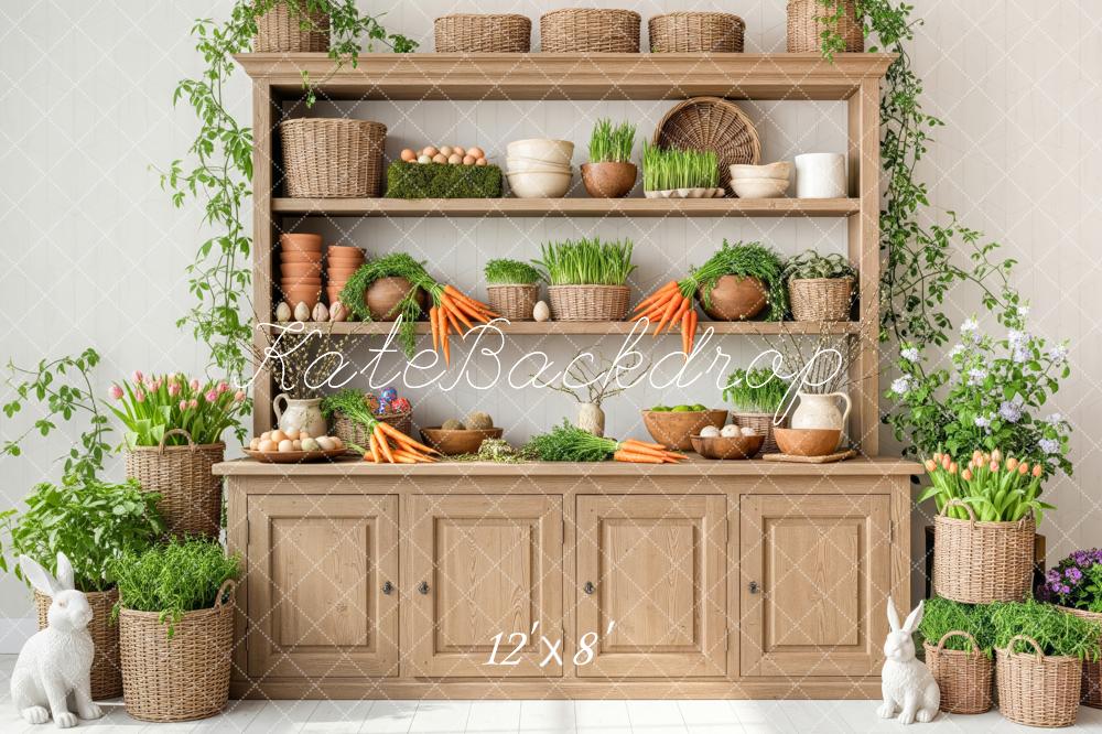 Kate Easter Bunny Shelf Carrots Eggs Plants Cabinet Printed Backdrop Designed by Patty Roberts