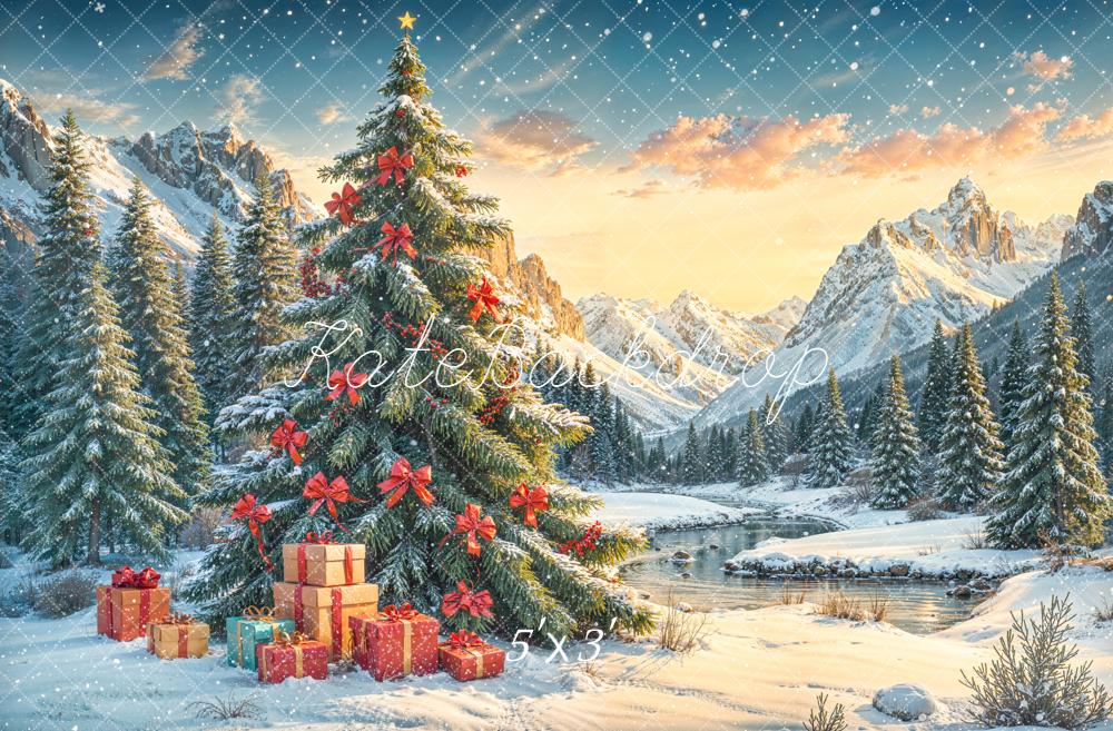 Kate Christmas Tree Mountain Snowy Gifts Backdrop Designed by Emetselch