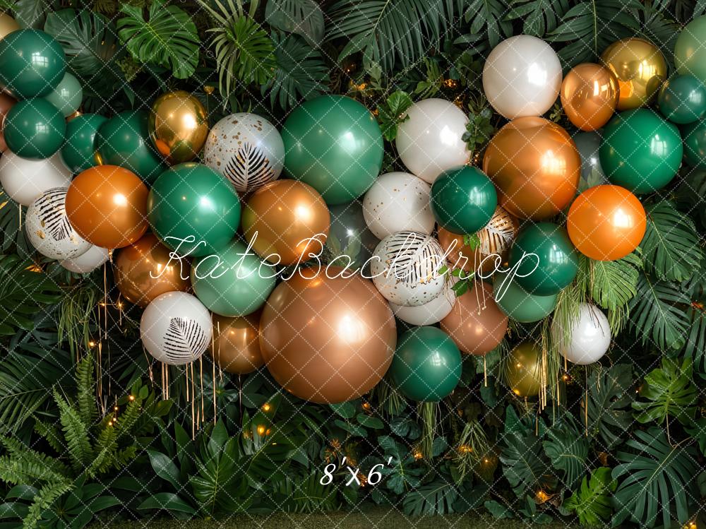 Kate Birthday Green Gold Balloon Garland Jungle Leaves Printed Backdrop Designed by Emetselch
