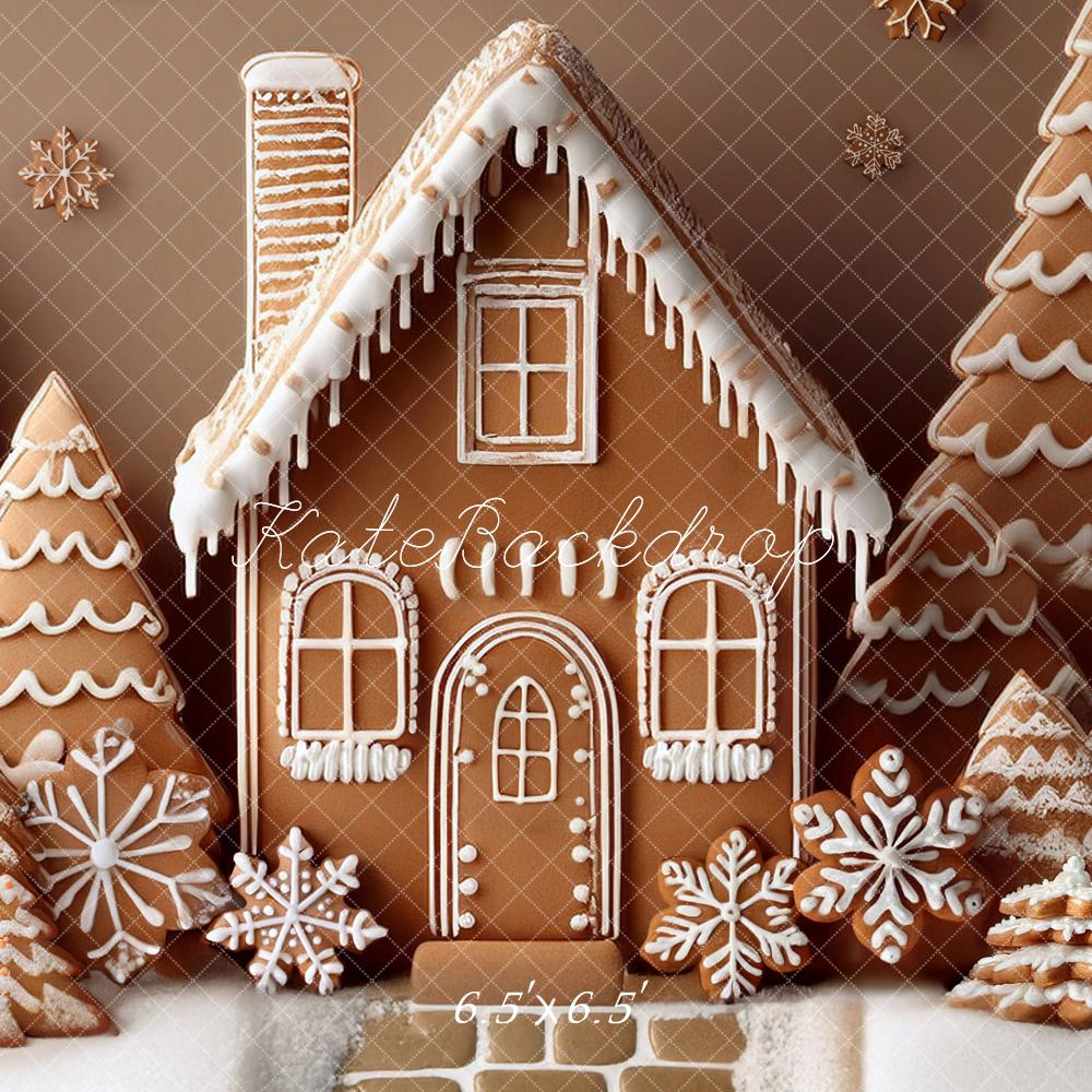 Kate Christmas Gingerbread House Snowy Trees Backdrop Designed by Mandy Ringe Photography