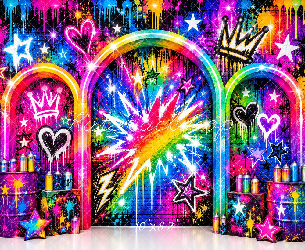 Kate Graffiti Neon Rainbow Arches Crown Printed Backdrop Designed by Ashley Paul