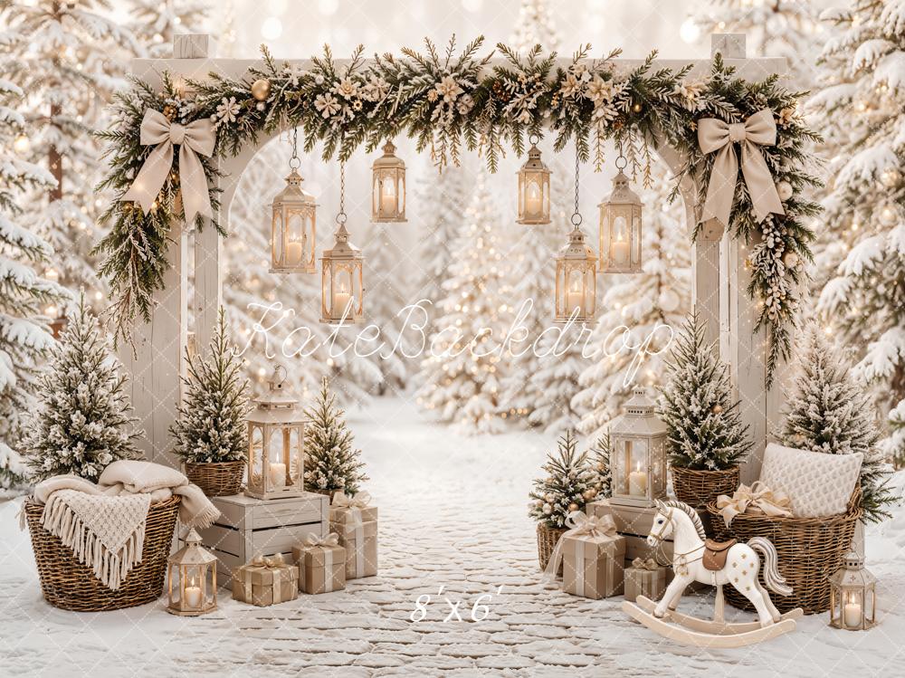 Kate Christmas Garland Arch Lanterns Snowy Forest Rocking Horse Printed Backdrop Designed by Emetselch