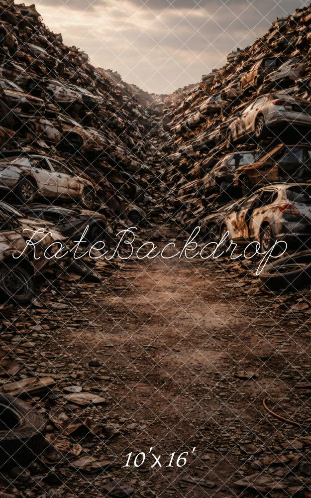 Kate Sweep Junkyard Stacked Cars Dirt Road Printed Backdrop Designed by Vertigo Productions