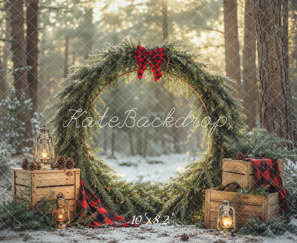 Kate Christmas Greenery Wreath Forest Crates Lanterns Printed Backdrop Designed by Emetselch