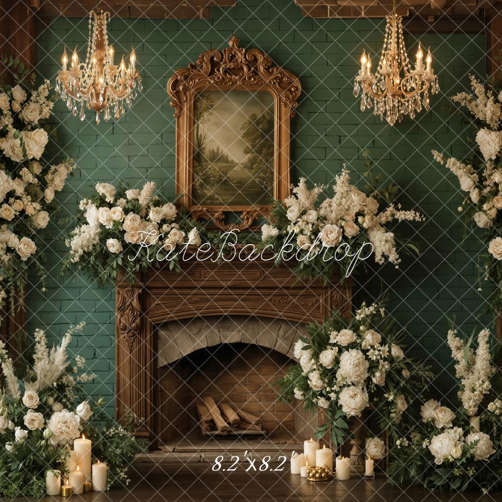 Kate Spring Fireplace Flower Arch Green Wall Chandelier Backdrop Designed by Emetselch