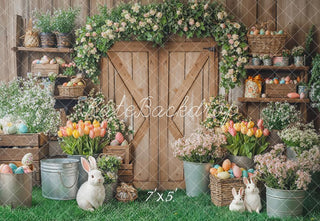 Kate Easter Wooden Door Bunny Flower Arch Tulips Rustic Printed Backdrop Designed by Emetselch