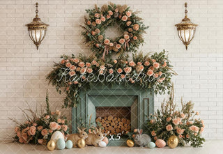 Kate Easter Bunny Fireplace Floral Wreath Pastel Eggs Printed Backdrop Designed by Emetselch