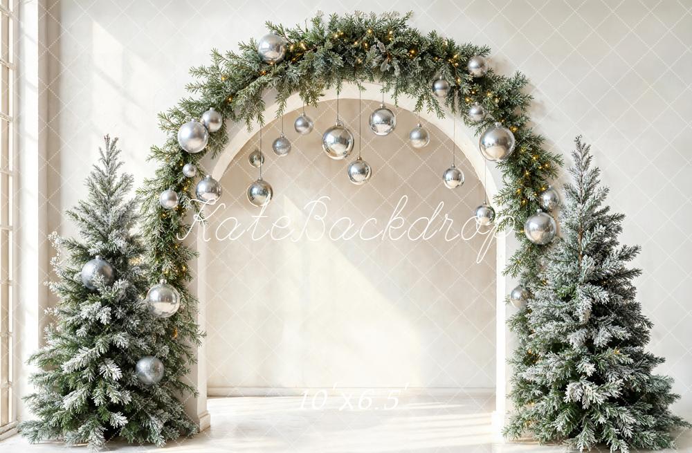 Kate Christmas Pine Arch Silver Ornaments Frosted Trees Backdrop Designed by Emetselch