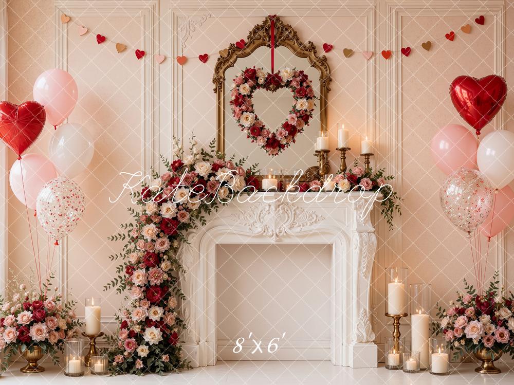 Kate Valentine's Day Pink Floral Fireplace Heart Balloons Printed Backdrop Designed by Shutter Swan Studios