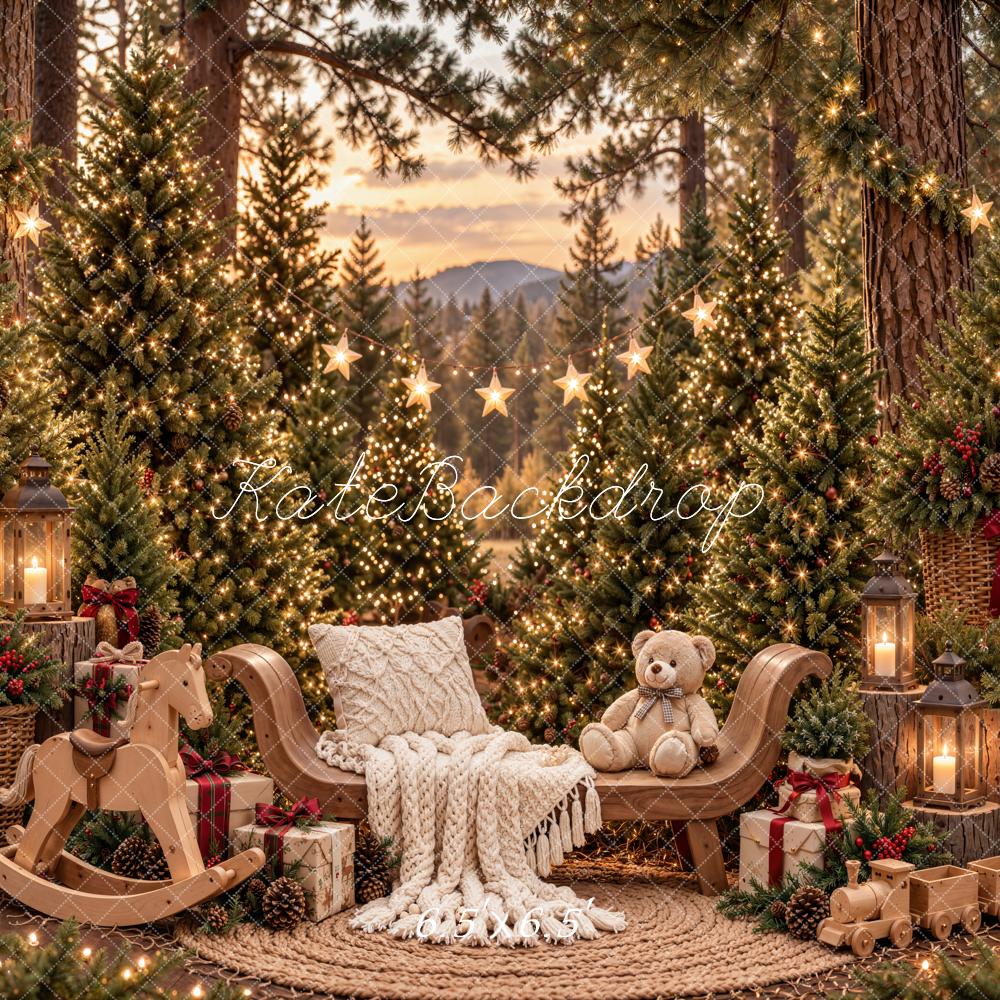 Kate Christmas Forest Cozy Rocking Horse Teddy Bear Printed Backdrop Designed by Emetselch