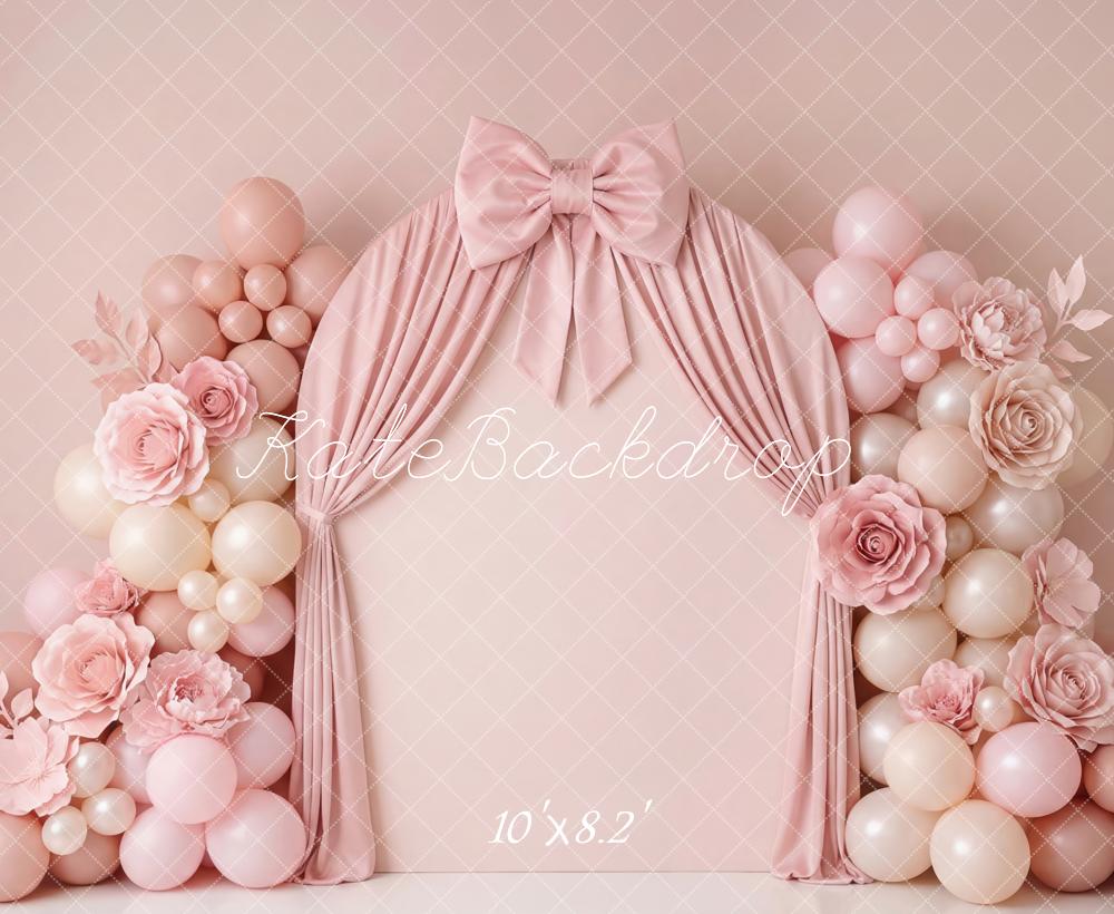 Kate Cake Smash Pink Balloon Flower Arch Curtain Bow Printed Backdrop Designed by Patty Roberts