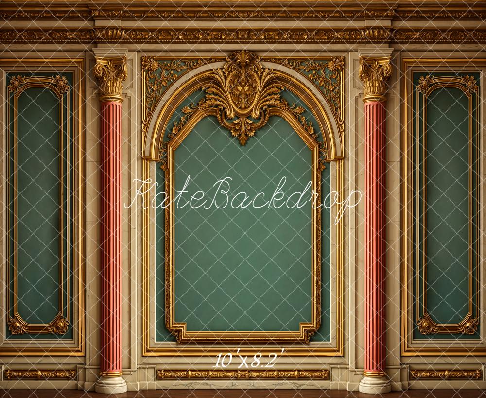 Kate Vintage Ornate Gold Arch Columns Green Wall Printed Backdrop Designed by Emetselch