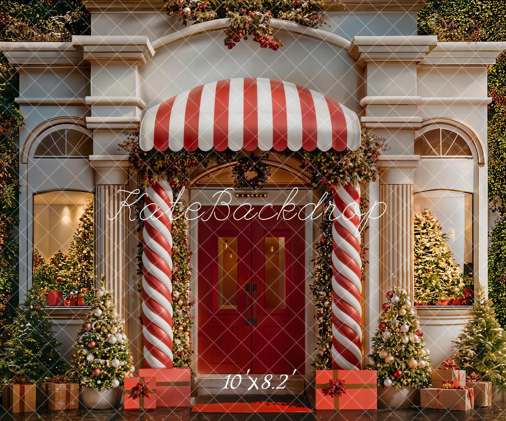 Kate Christmas Candy Cane Columns Red Door Trees Backdrop Designed by Emetselch