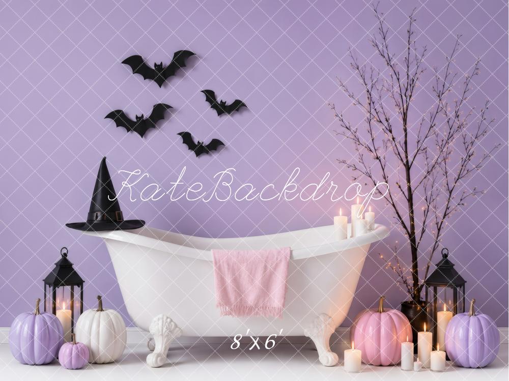 Kate Halloween Baby Shower Bathtub Purple Pumpkins Bats Candles Printed Backdrop Designed by Vertigo Productions
