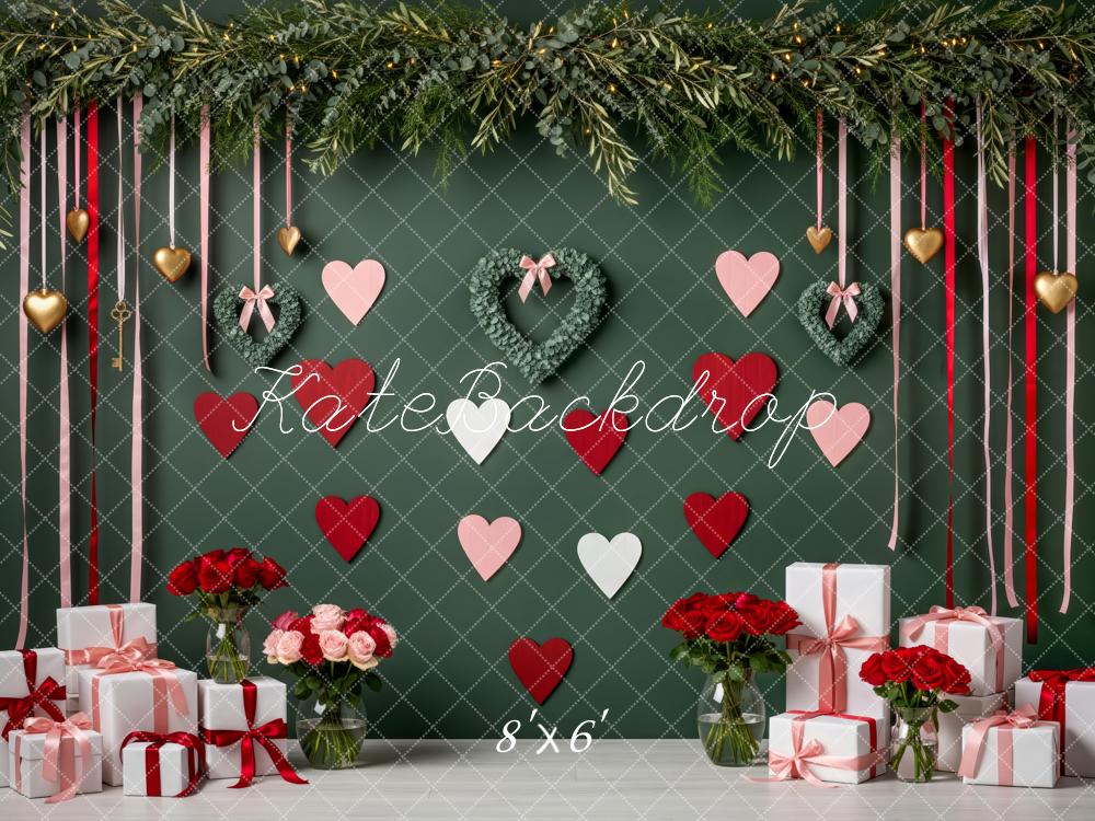 Kate Valentine's Day Green Wall Heart Wreaths Red Pink Hearts Ribbons Gifts Printed Backdrop Designed by Patty Roberts