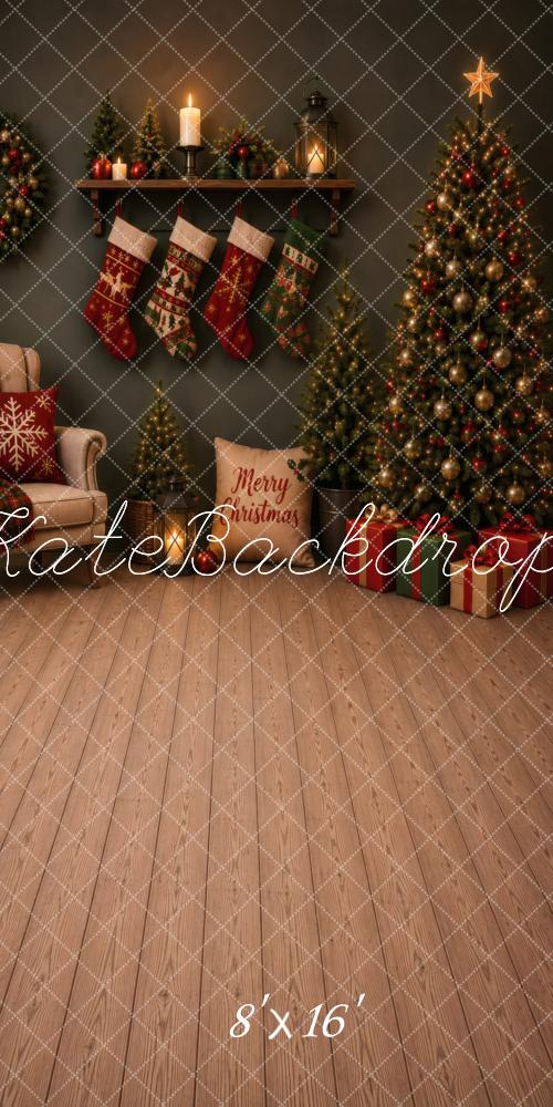 Kate Sweep Christmas Fireplace Stockings And Tree Printed Backdrop Designed by Vertigo Productions