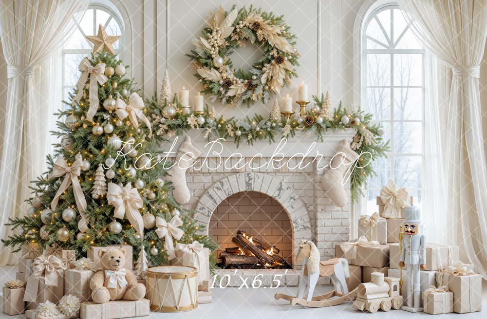 Kate Christmas Fireplace Tree White Bow Wreath Teddy Bear Printed Backdrop Designed by Mini MakeBelieve
