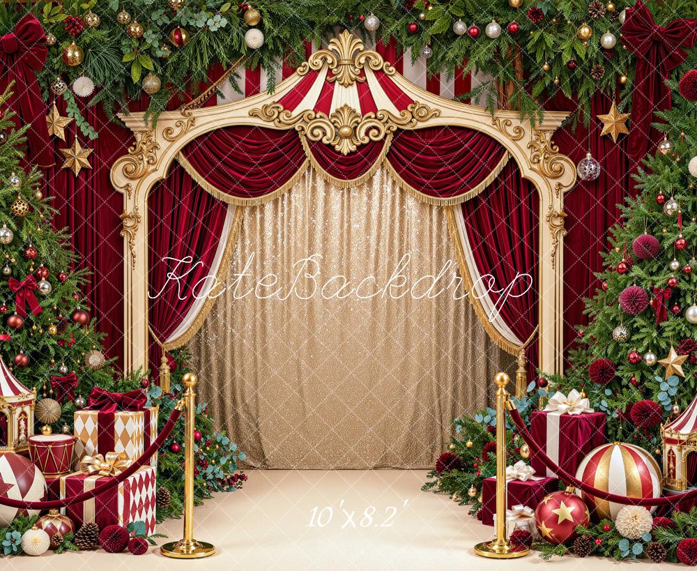 Kate Christmas Trees Carousel Circus Red Curtains Ball Printed Backdrop Designed by Mini MakeBelieve