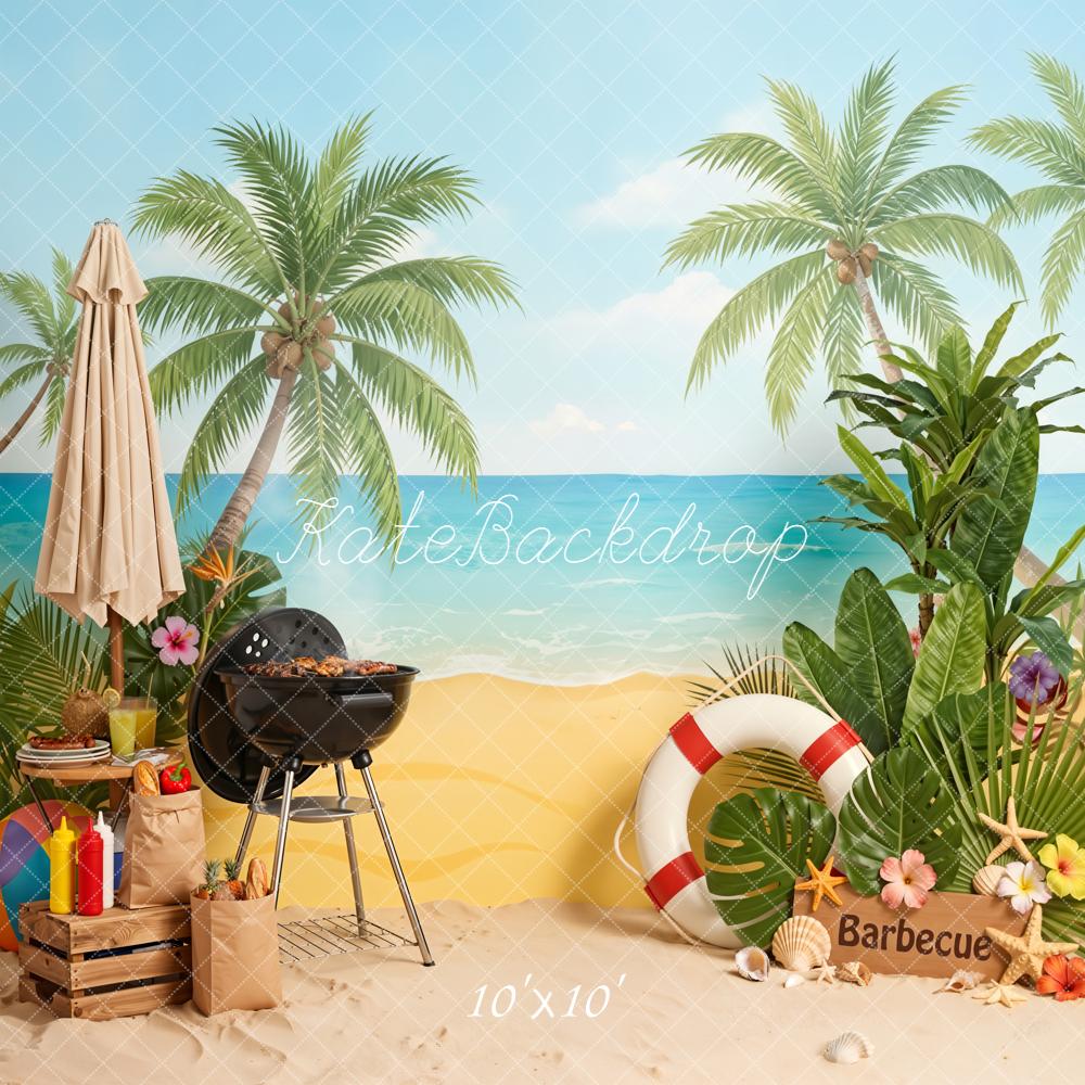 Kate Summer Beach Palm Trees Barbecue Umbrella Flowers Backdrop Designed by Emetselch