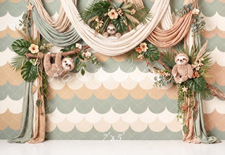 Kate Cake Smash Jungle Sloth Floral Drapery Printed Backdrop Designed by Angela Miller