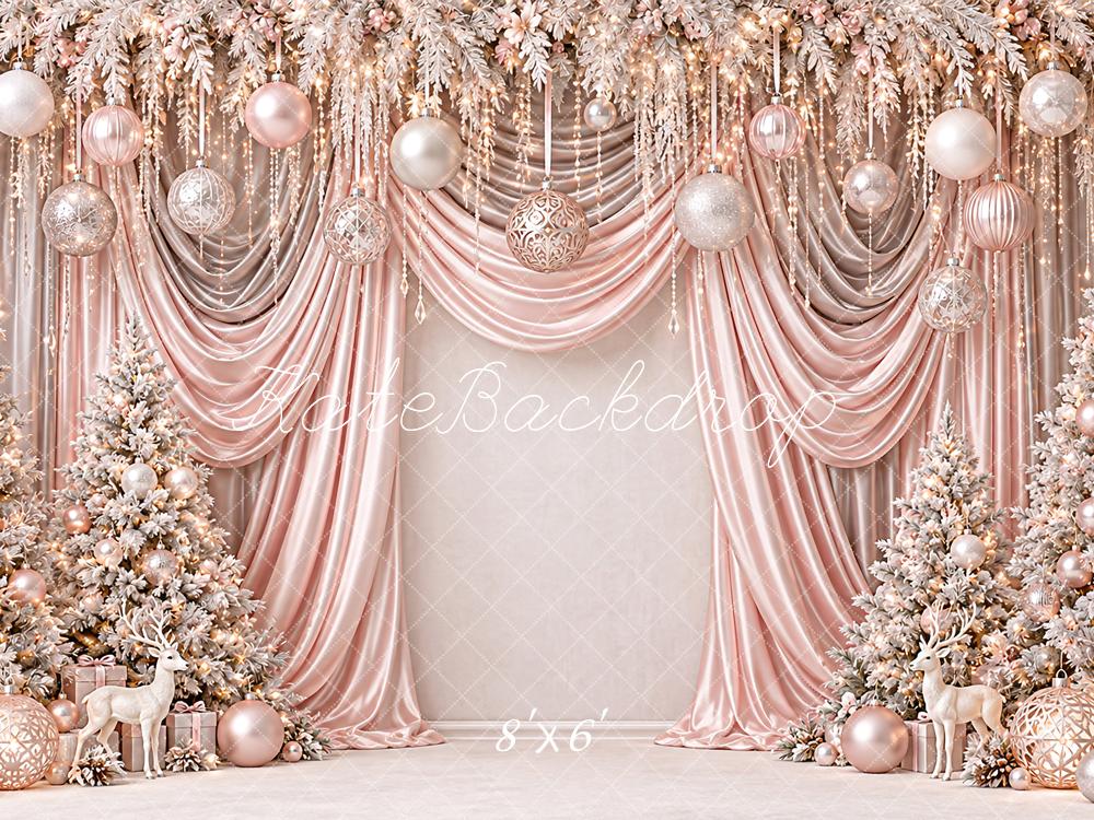 Kate Christmas Rose Gold Drapes Hanging Ornament Trees Luxury Printed Backdrop Designed by Angela Miller