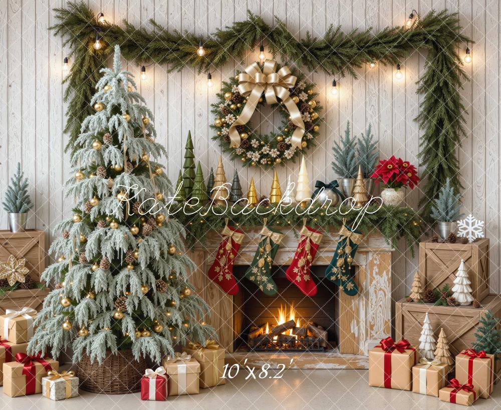 Kate Christmas Fireplace Snowy Tree Wreath Gifts Stockings Printed Backdrop Designed by Mini MakeBelieve