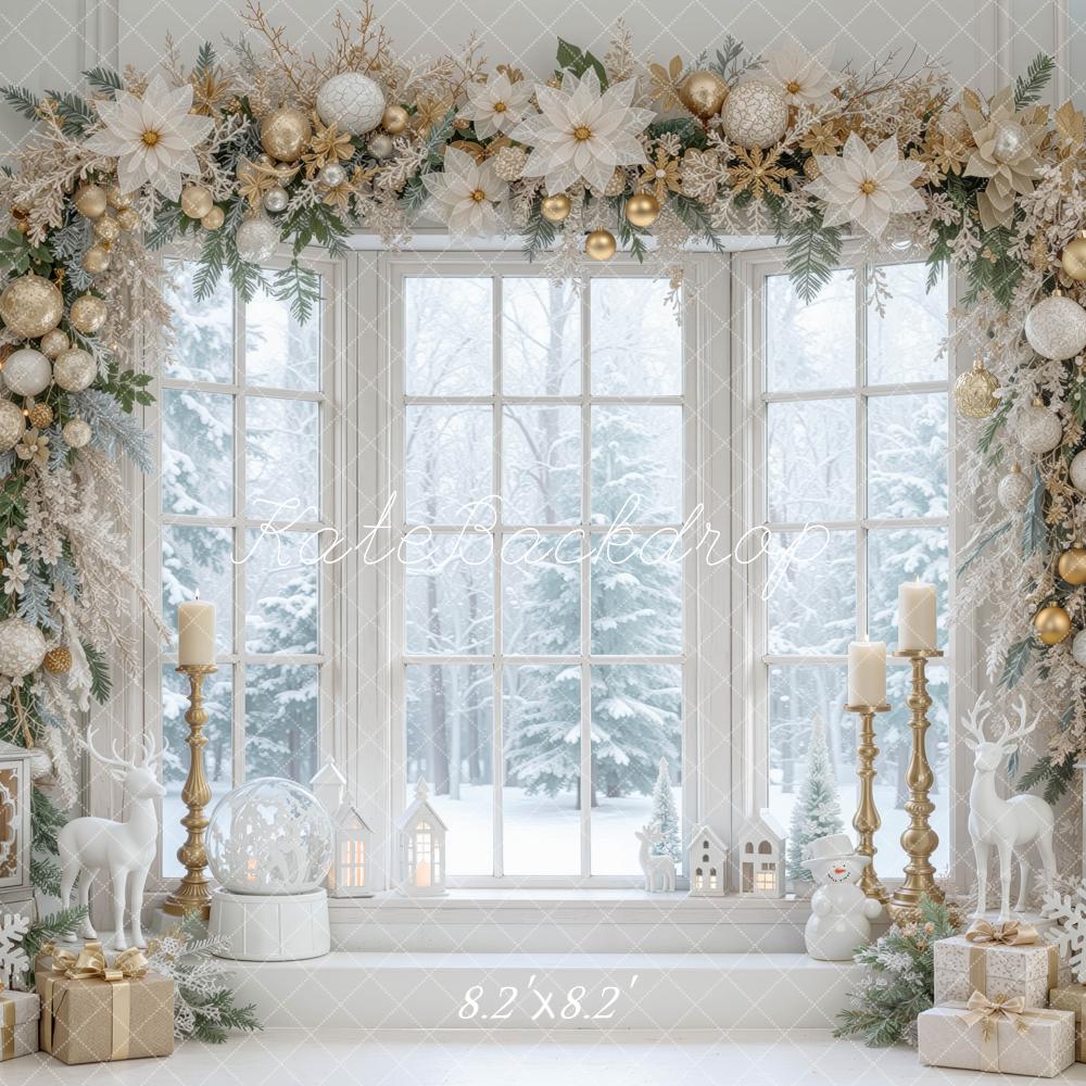 Kate Christmas White Gold Floral Window Arch Printed Backdrop Designed by Mini MakeBelieve