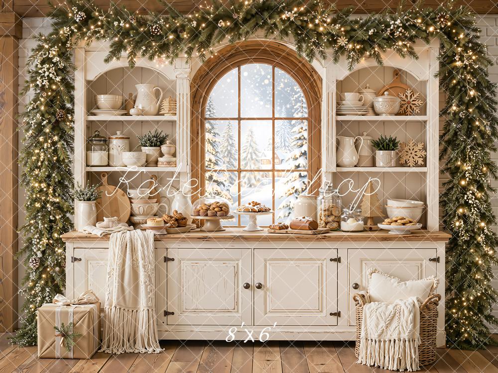 Kate Christmas Kitchen Cabinet White Window Garland Blanket Printed Backdrop Designed by Emetselch