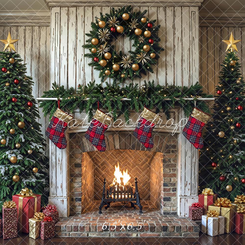 Kate Christmas Trees Distressed Fireplace Wreath Stockings Gifts Backdrop Designed by Mini MakeBelieve